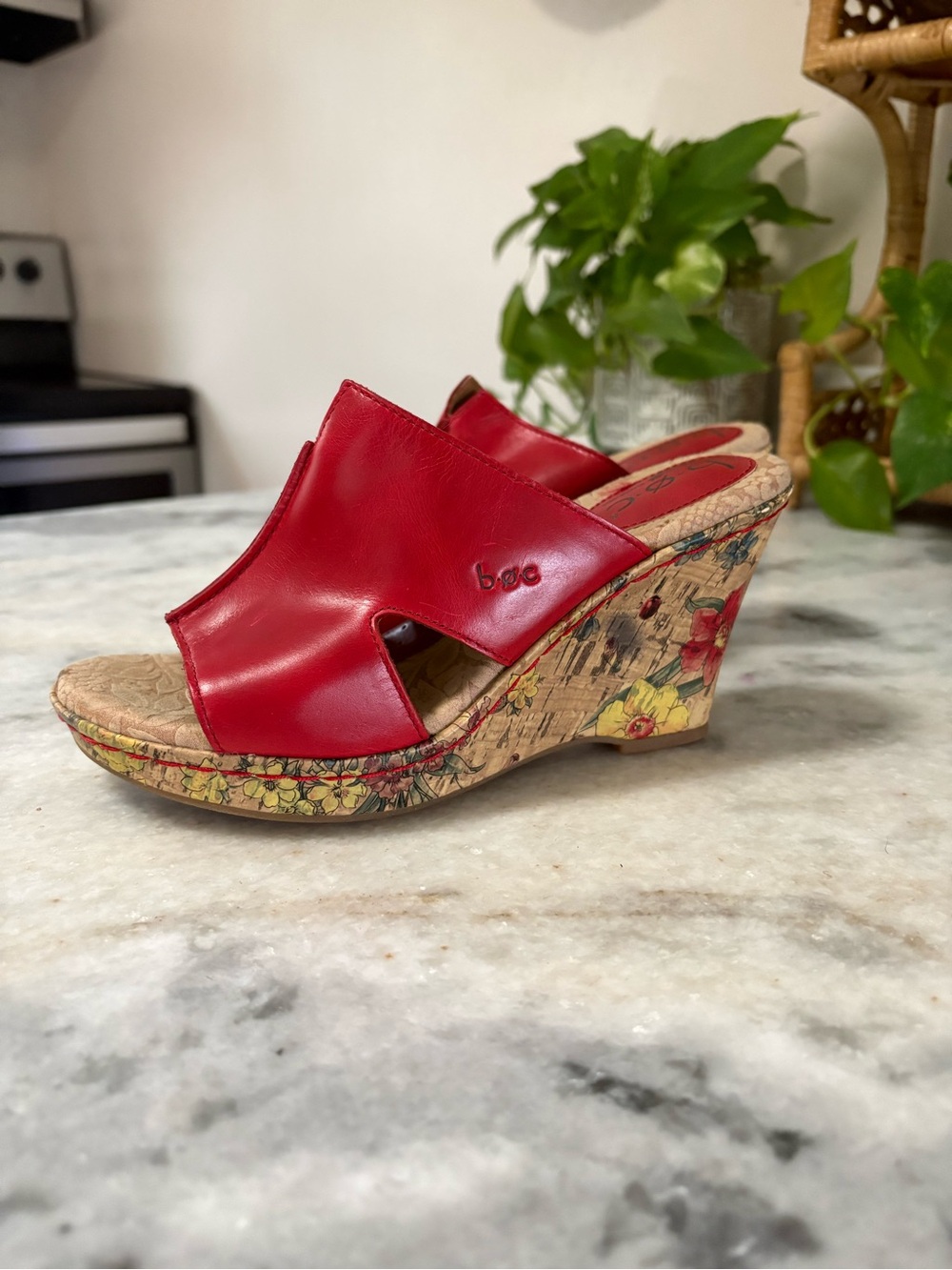 b.o.c. Red Floral Cork Wedge Mules